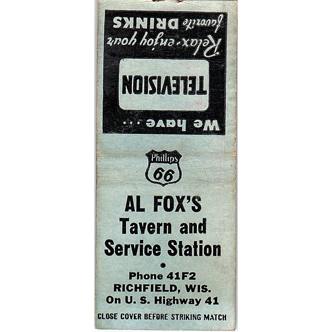 Al Fox's Tavern & Service Station Richfield WI Vintage Matchbook Cover SC7-Y9
