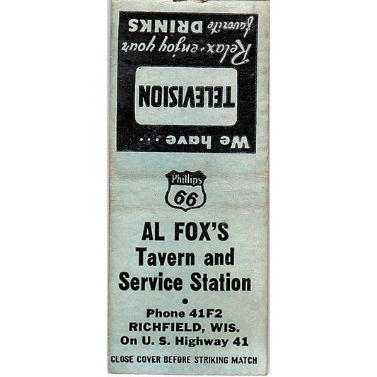 Al Fox's Tavern & Service Station Richfield WI Vintage Matchbook Cover SC7-Y9
