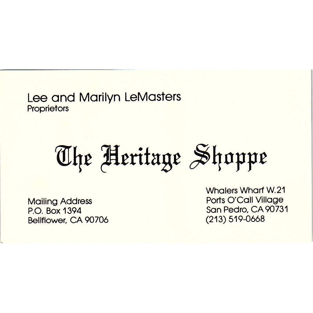 The Heritage Shoppe Lee & Marilyn LeMasters San Pedro Business Card SF3-B4