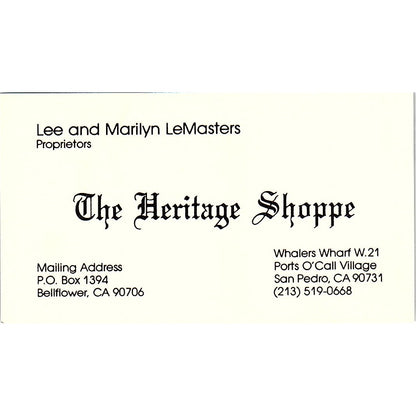 The Heritage Shoppe Lee & Marilyn LeMasters San Pedro Business Card SF3-B4