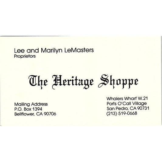The Heritage Shoppe Lee & Marilyn LeMasters San Pedro Business Card SF3-B4