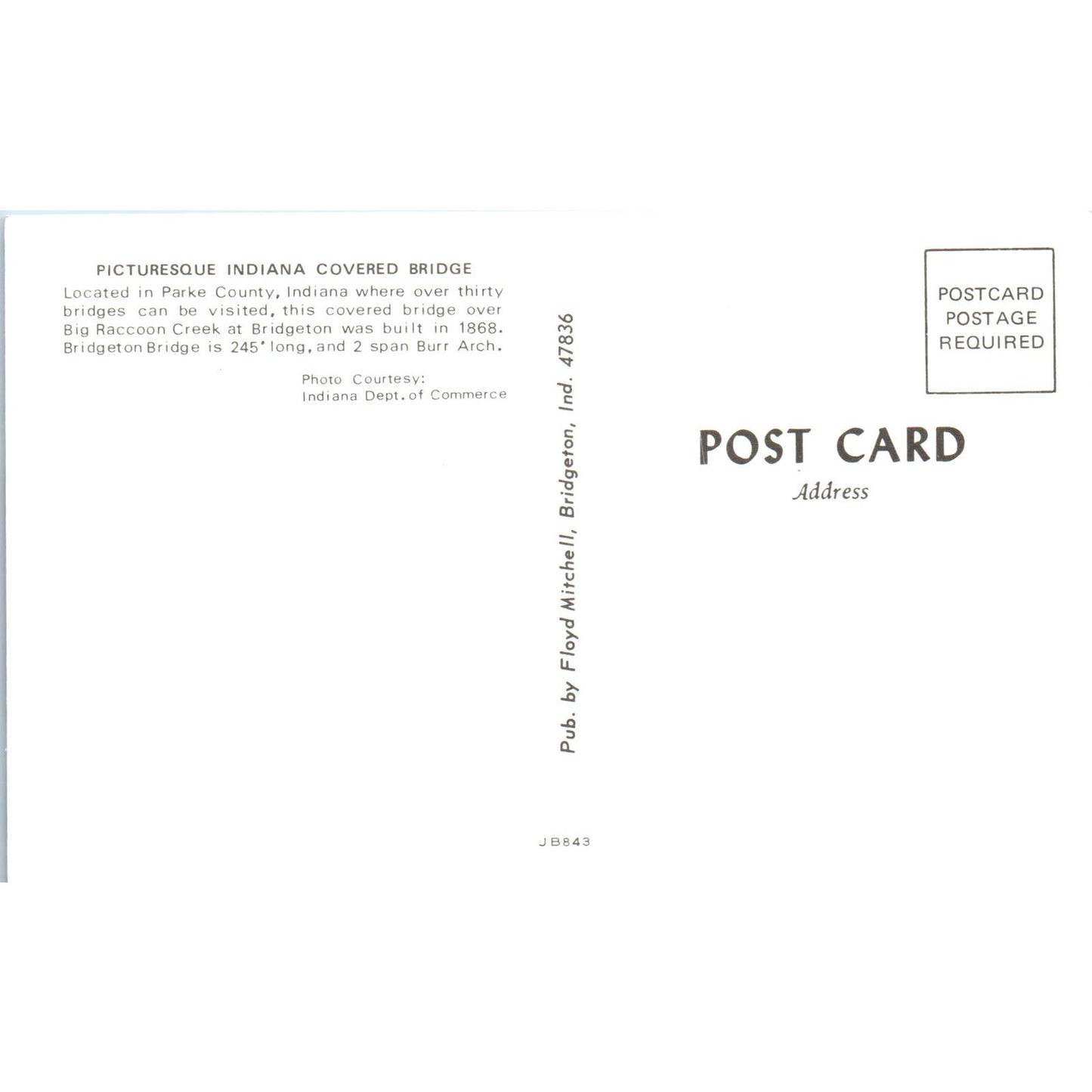 Bridgeton Bridge Parke County IN Vintage Covered Bridge Postcard PD3