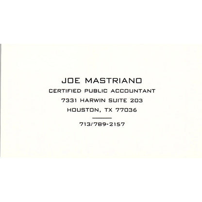 Joe Mastriano CPA Houston TX Vintage Business Card SD9-B1