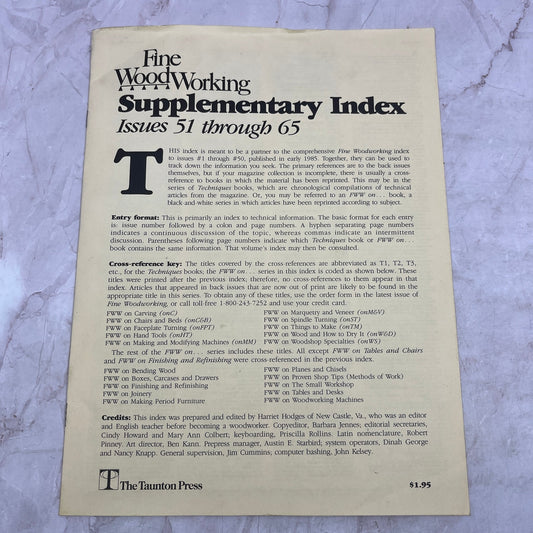 Fine Woodworking Magazine Supplementary Index Issues 51-65 M35