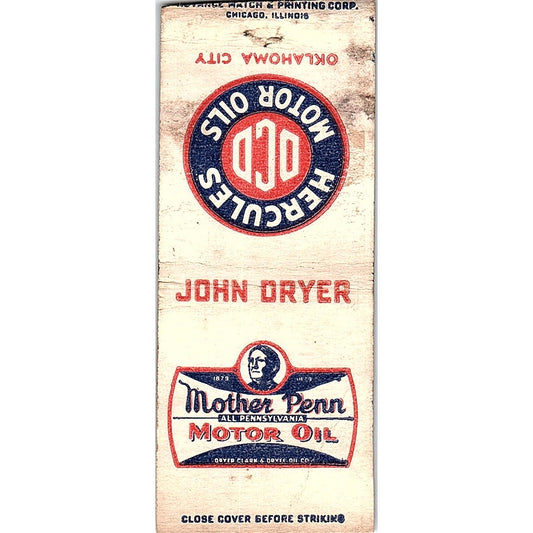 Hercules Motor Oils Oklahoma City John Dryer Vintage Matchbook Cover SC7-Y10