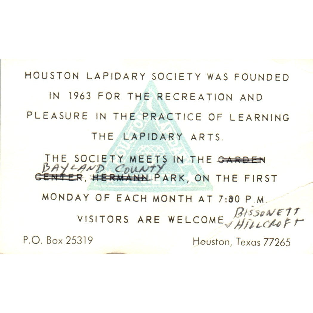 Houston Lapidary Society Bayland County Park TX Vintage Business Card SD8-B6
