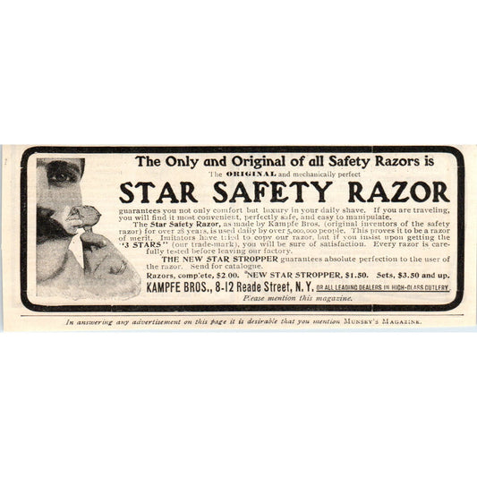 Star Safety Razor Kampfe Bros NY c1905 Original Magazine Advertisement AE7-A3