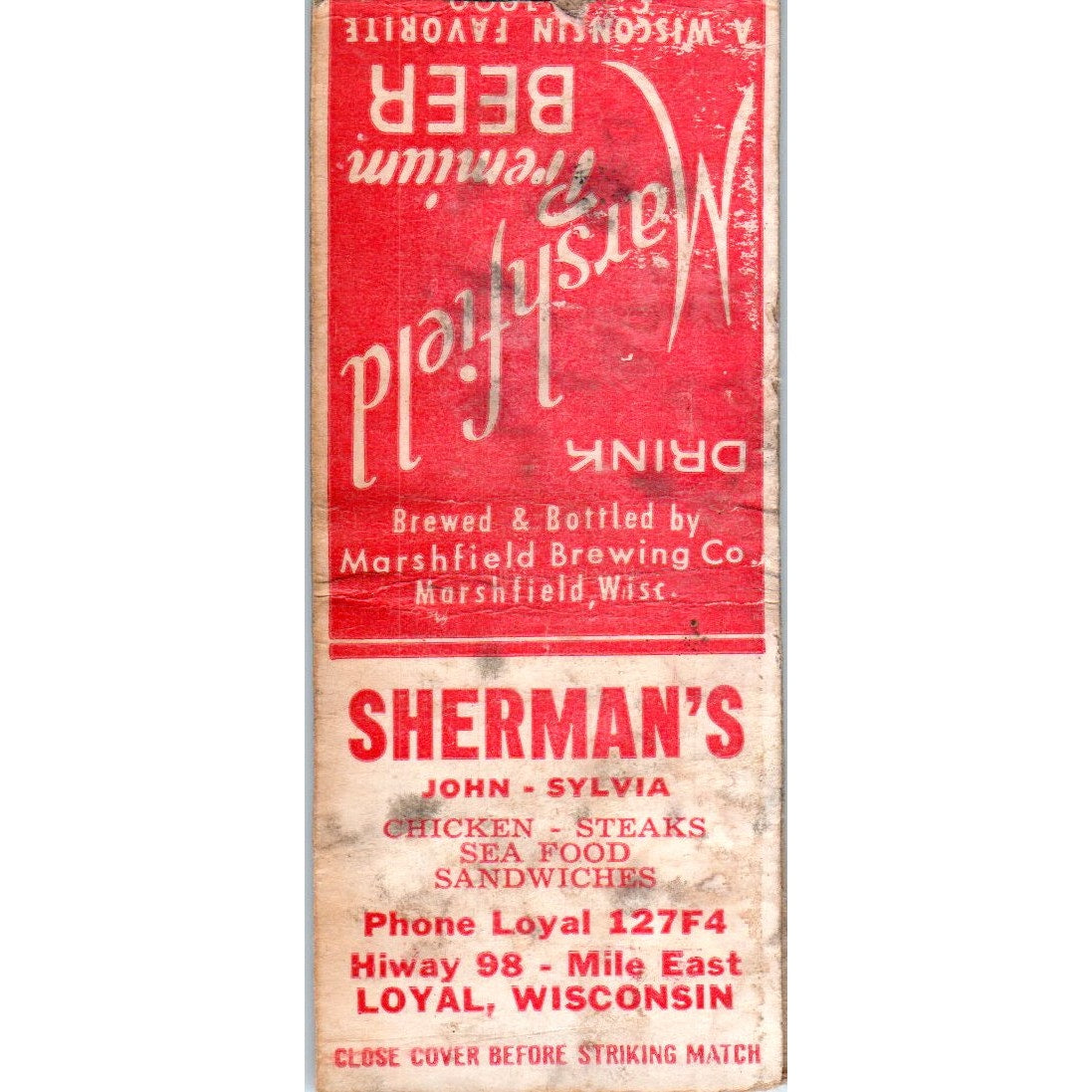 Sherman's Restaurant John & Sylvia Loyal WI Vintage Matchbook Cover SD4-Y2
