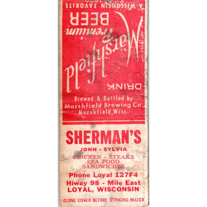 Sherman's Restaurant John & Sylvia Loyal WI Vintage Matchbook Cover SD4-Y2