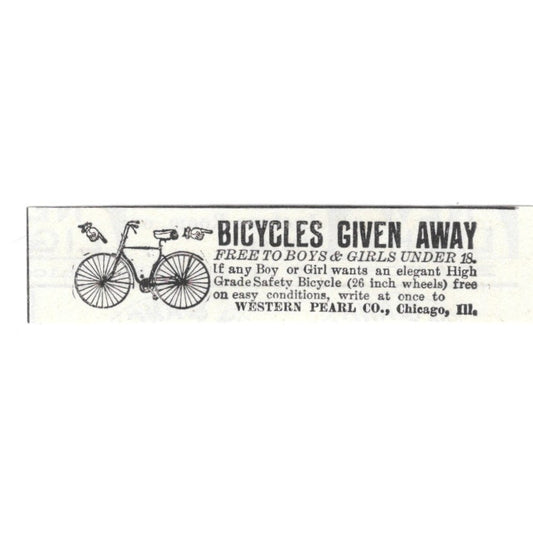 Bicycles Given Away Western Pearl Co Chicago IL 1892 Ad AG2-S24