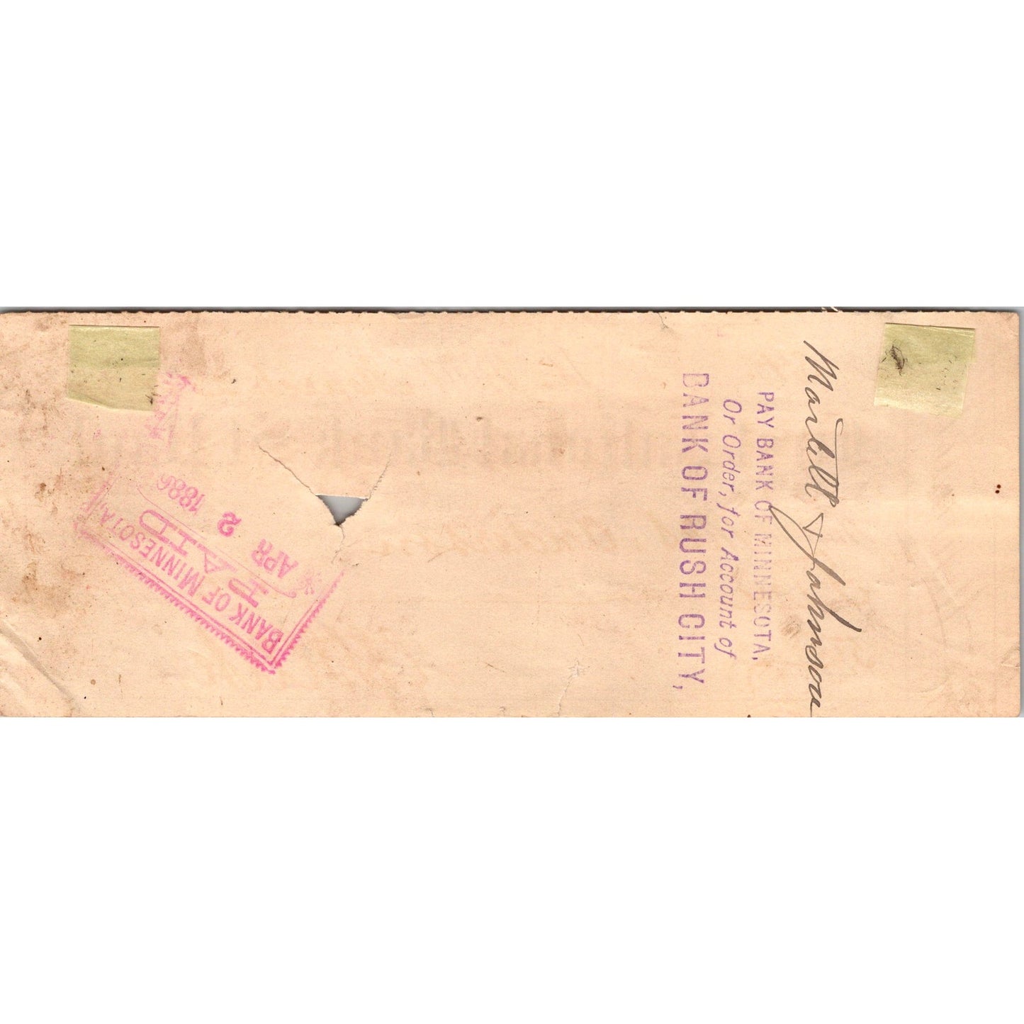 First National Bank of St. Paul Minnesota 1886 Bank Check Rush City Stamp AJ4-6