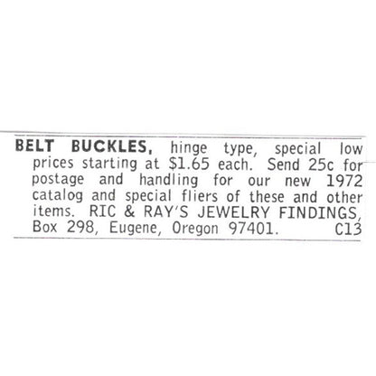Ric & Ray's Jewelry Findings Belt Buckles Eugene Oregon 1972 Ad AF8-S18
