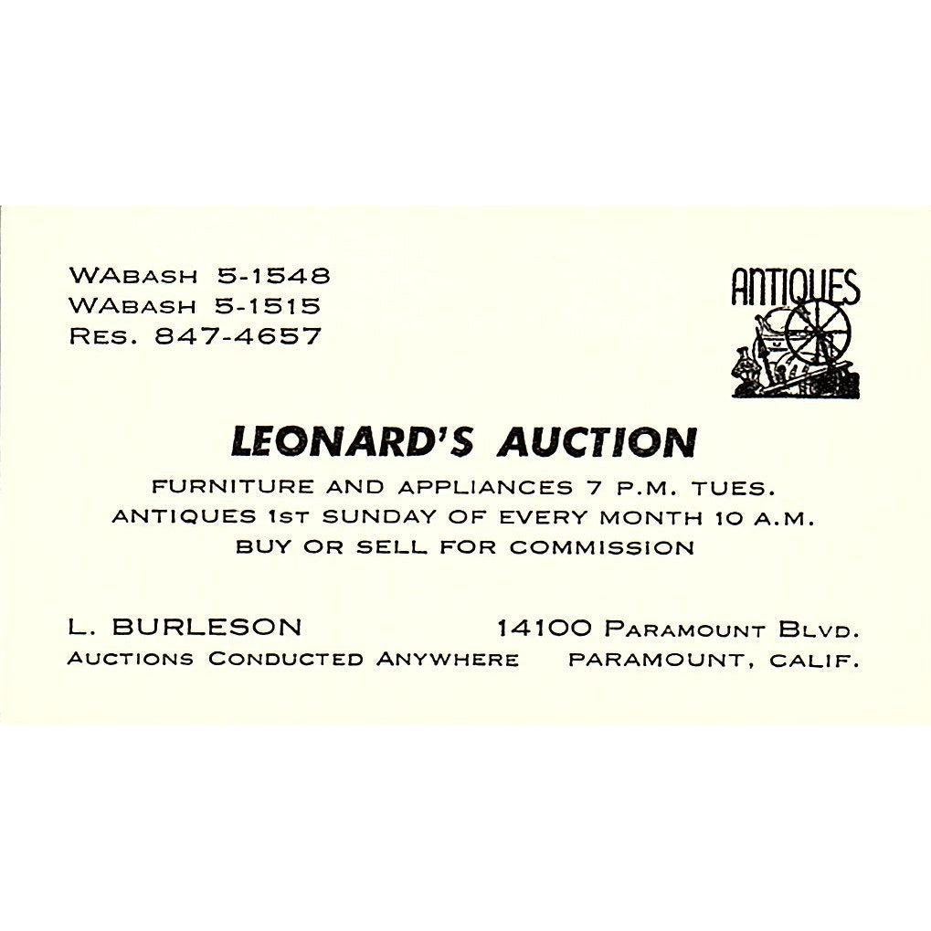 Leonard Burleson Auction Antiques Paramount CA Vintage Business Card SE3-B16