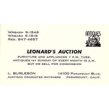 Leonard Burleson Auction Antiques Paramount CA Vintage Business Card SE3-B16