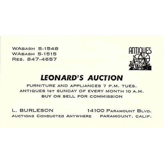 Leonard Burleson Auction Antiques Paramount CA Vintage Business Card SE3-B16