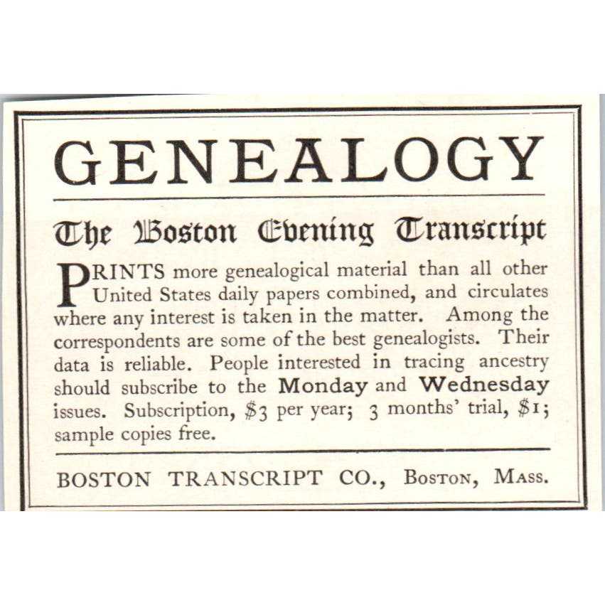 Genealogy Boston Transcript Co. MA c1905 Victorian Ad AE9-MA9