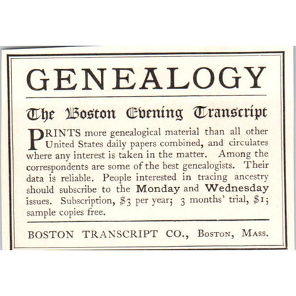 Genealogy Boston Transcript Co. MA c1905 Victorian Ad AE9-MA9