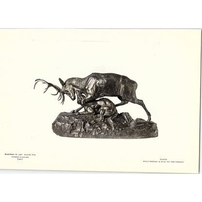 Wolf Seizing a Stag by the Throat - Barye - 1904 Litho Art Print AF4-6