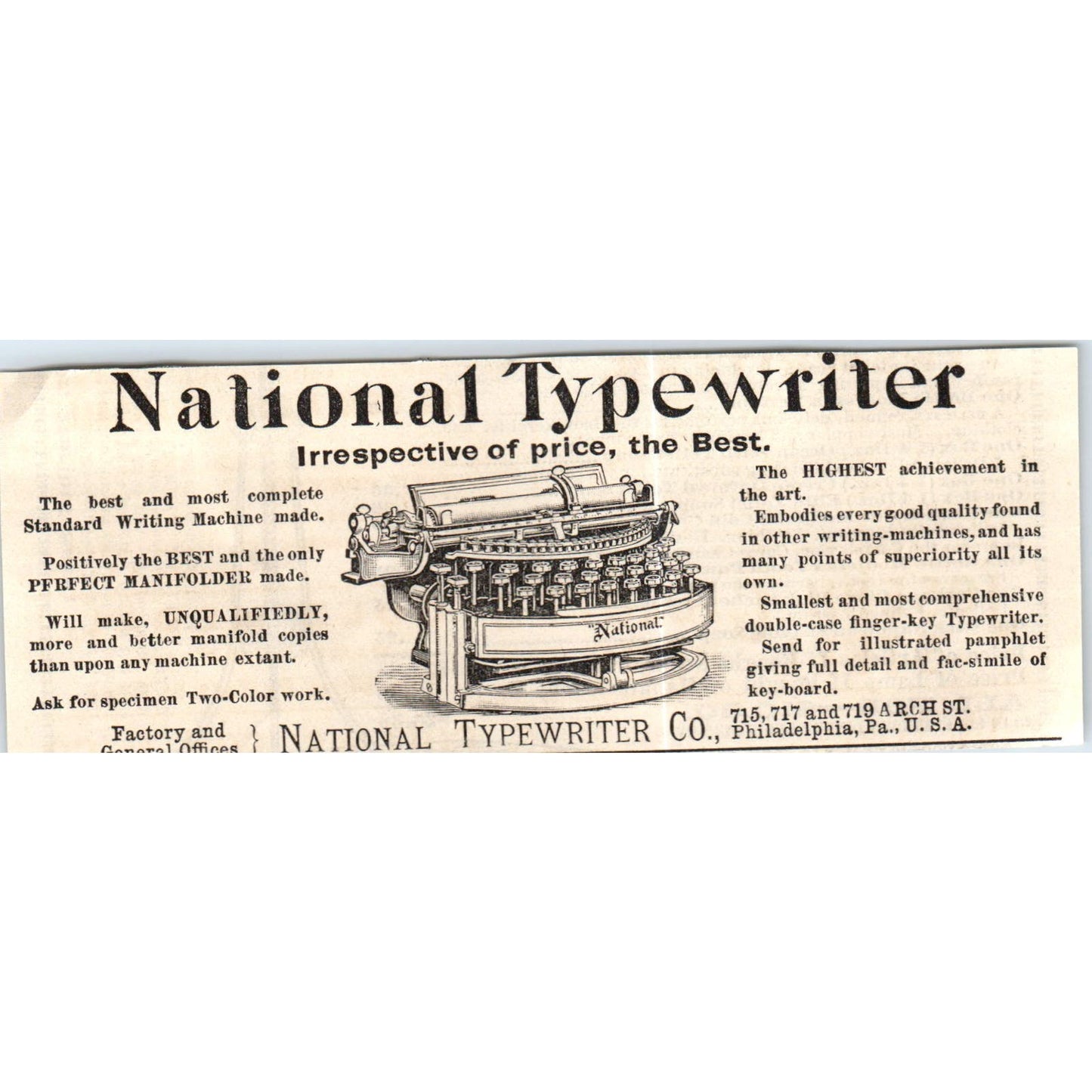 National Typewriter Co Philadelphia PA c1890 Victorian ad AE8-CH4