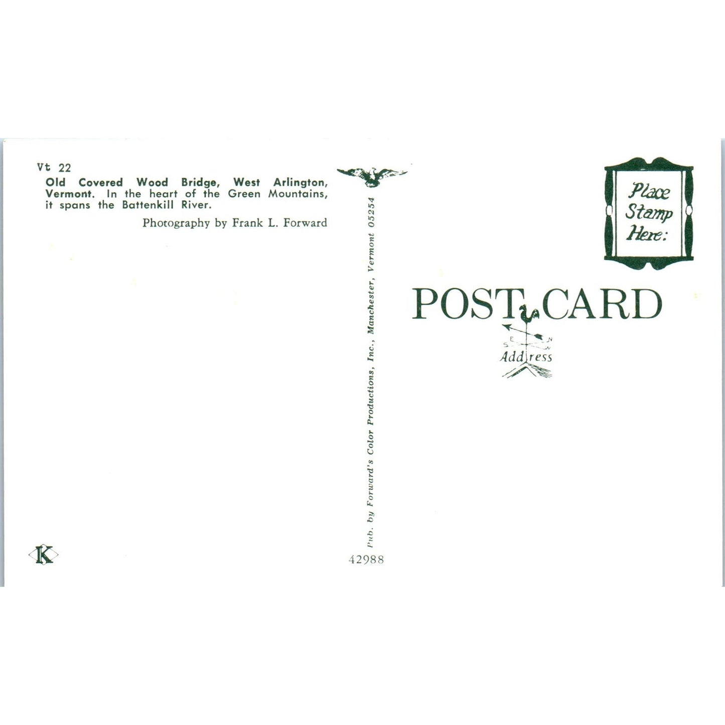 Covered Bridge Battenkill River West Arlington VT Vintage Postcard PD5