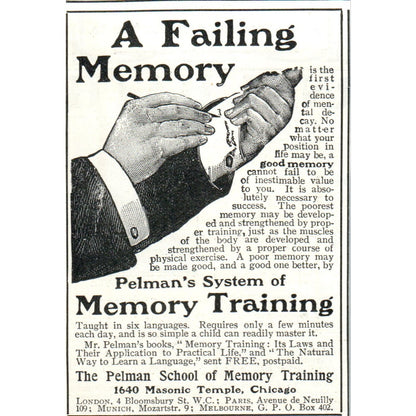 The Pelman School of Memory Training Masonic Temple Chicago 1903 Ad AF2-O4