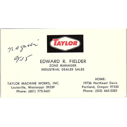 Taylor Machine Work Edward R Fielder Louisville MS Vintage Business Card SB4-B4