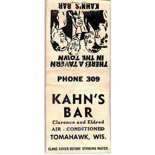 Kahn's Bar Tomahawk WI Vintage Matchbook Cover SC7-Y9