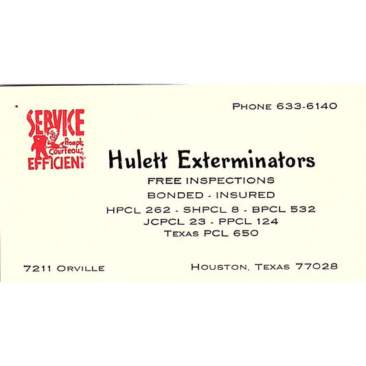 Hulett Exterminators Houston Texas Vintage Business Card SB4-B1