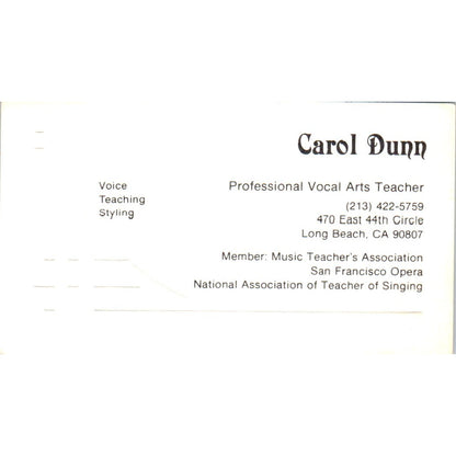 Carol Dunn Vocal Arts Teacher Long Beach CA Vintage Business Card SD8-B20