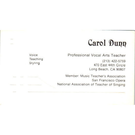 Carol Dunn Vocal Arts Teacher Long Beach CA Vintage Business Card SD8-B20