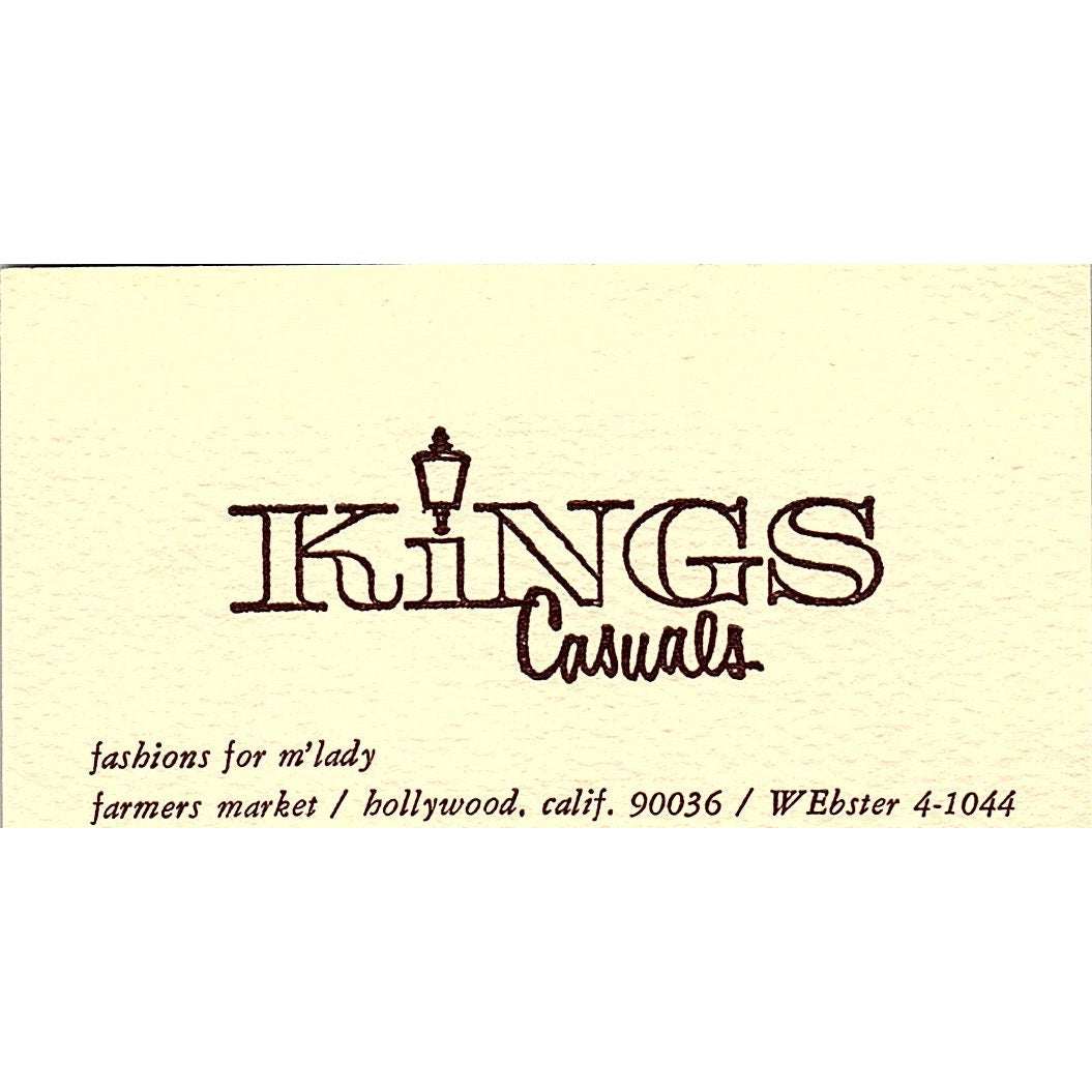 Kings Casuals Women's Clothing Farmers Market Hollywood CA Business Card SE5-B5