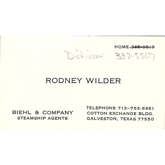Biehl & Company Rodney Wilder Galveston Texas Vintage Business Card SB4-B11