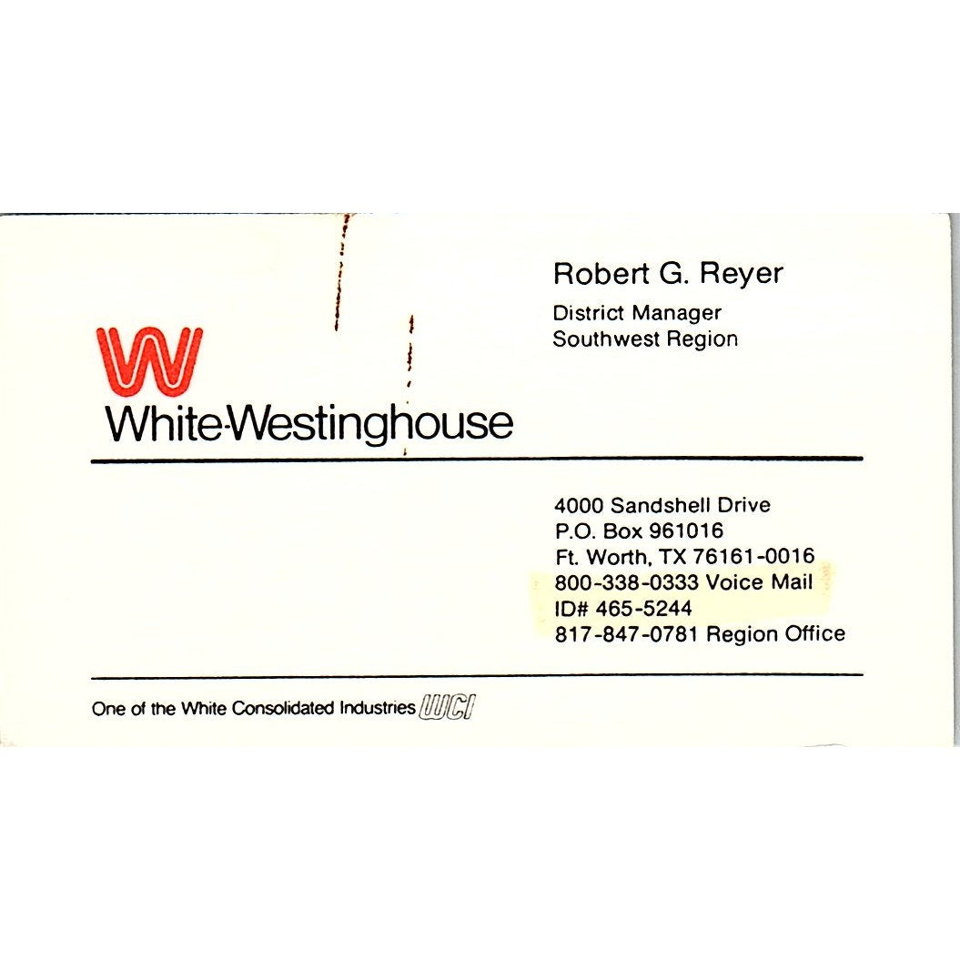 Robert G Reyer White-Westinghouse Fort Worth TX Vintage Business Card SD9-B12