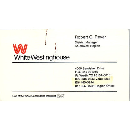 Robert G Reyer White-Westinghouse Fort Worth TX Vintage Business Card SD9-B12