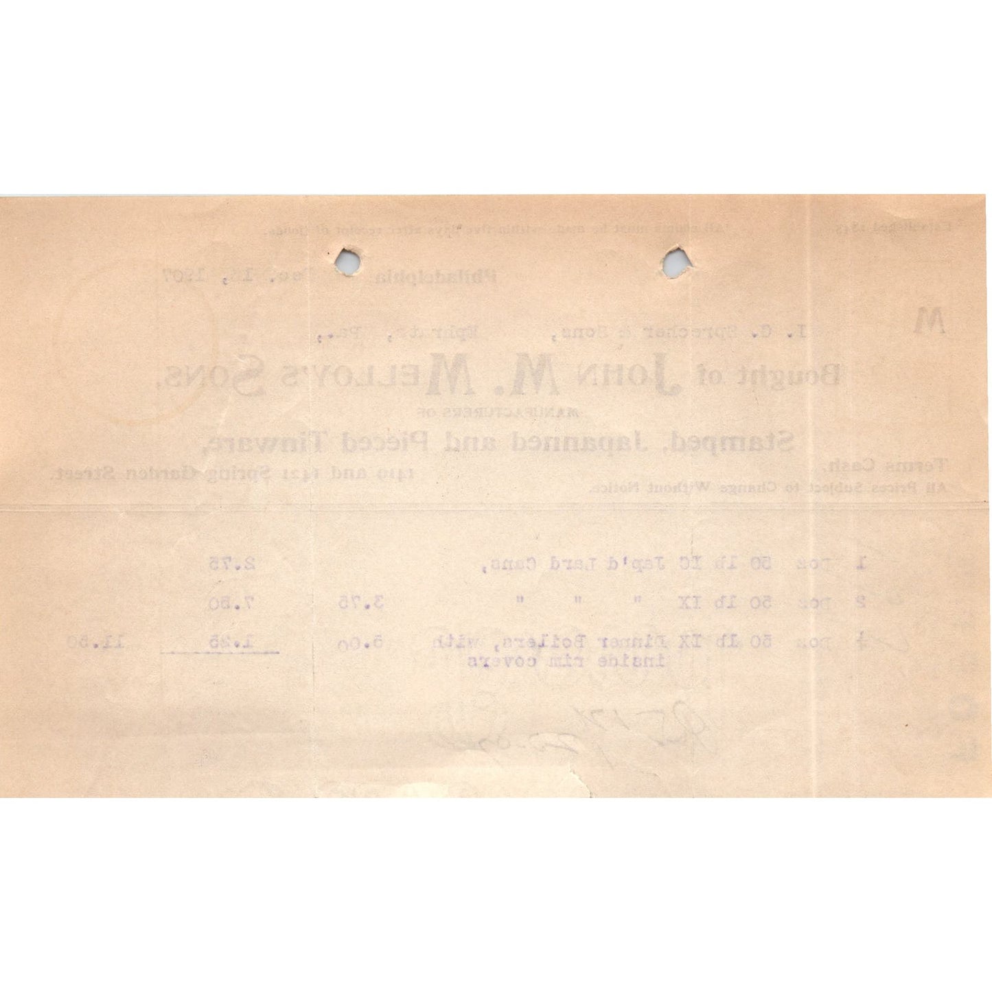 1907 John M. Melloy's Sons Tinware Philadelphia Letterhead Billhead Receipt D11