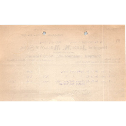 1907 John M. Melloy's Sons Tinware Philadelphia Letterhead Billhead Receipt D11