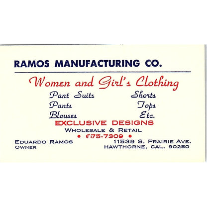 Eduardo Ramos Mfg Co Women's Clothing Hawthorne CA Vintage Business Card SE5-B4