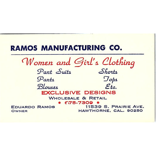 Eduardo Ramos Mfg Co Women's Clothing Hawthorne CA Vintage Business Card SE5-B4