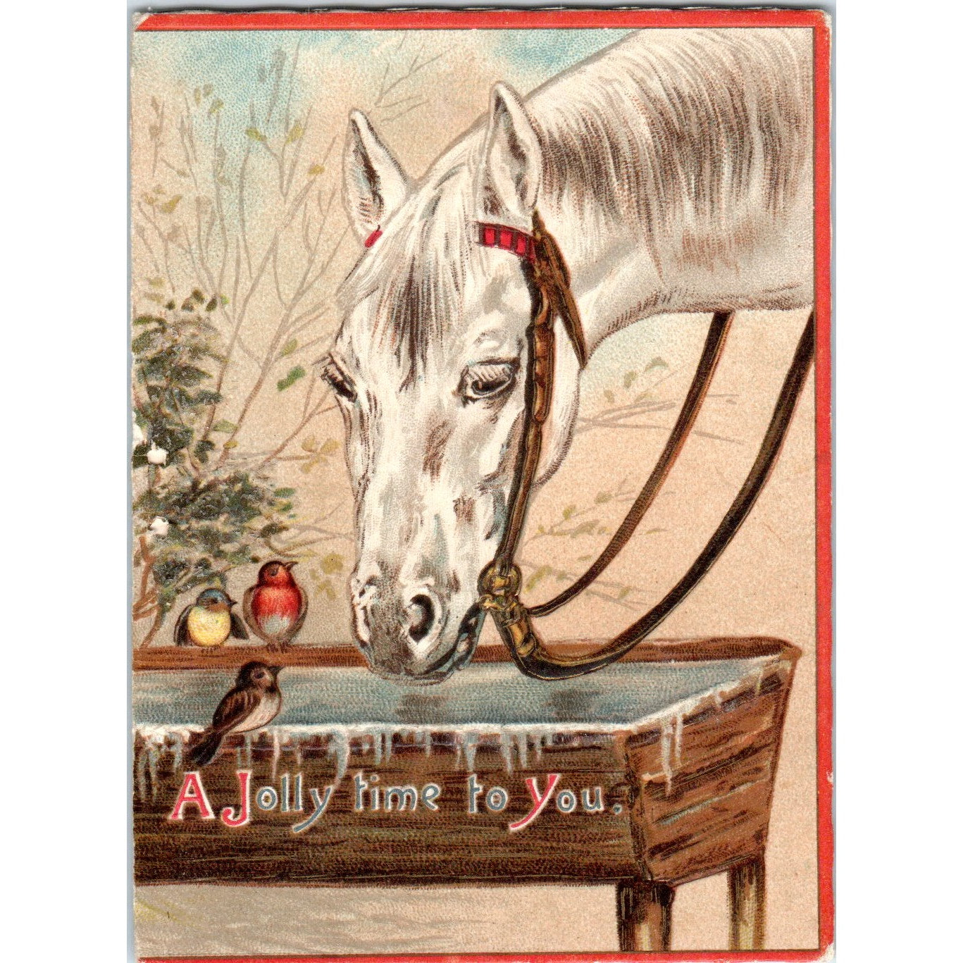 Antique Christmas Greeting Card White Horse 3.25x4.5" AF7-E11
