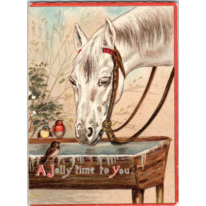 Antique Christmas Greeting Card White Horse 3.25x4.5" AF7-E11