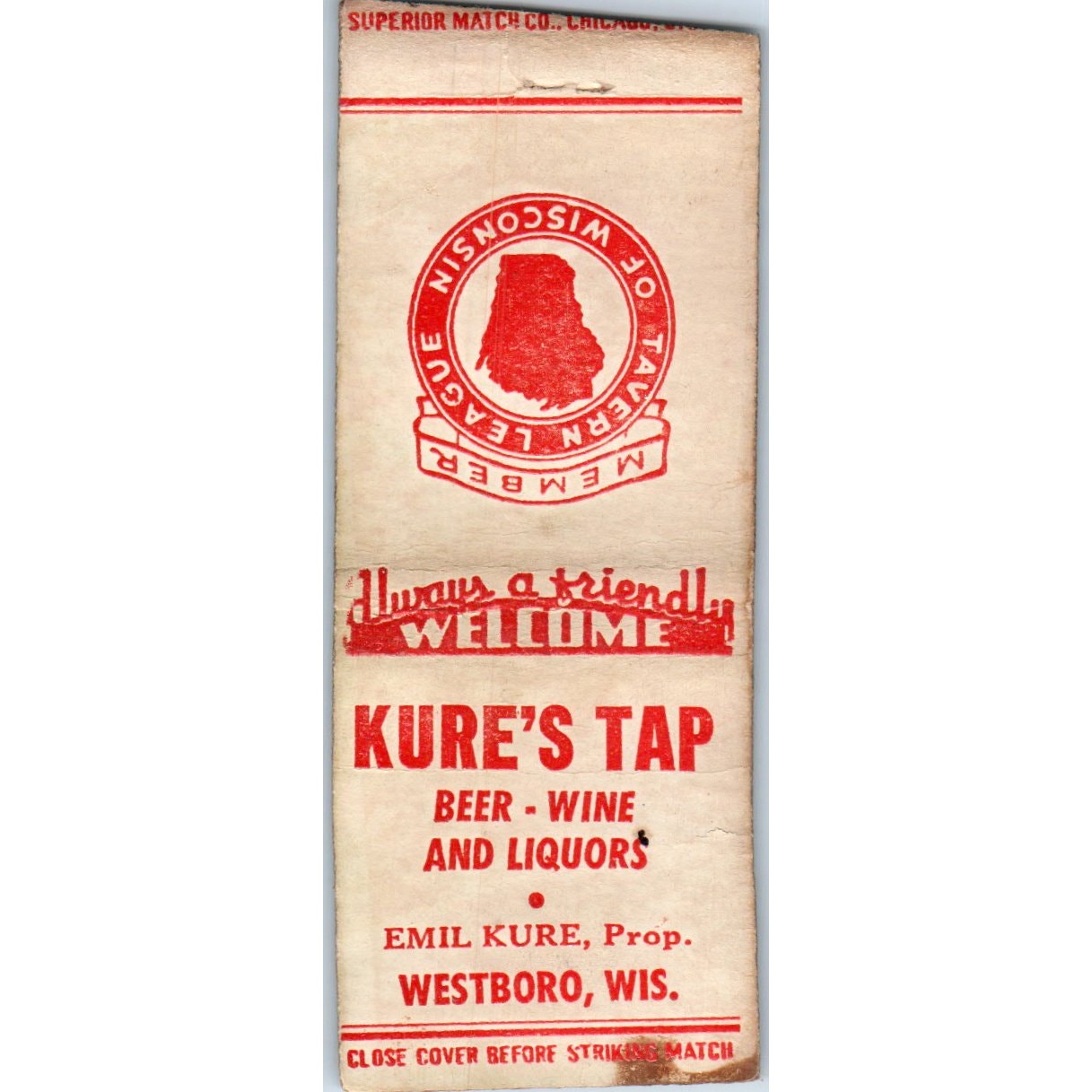 Kure's Tap Emil Kure Westboro WI Vintage Matchbook Cover SD2-Y3