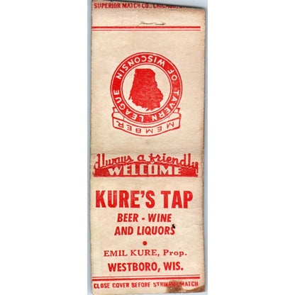 Kure's Tap Emil Kure Westboro WI Vintage Matchbook Cover SD2-Y3