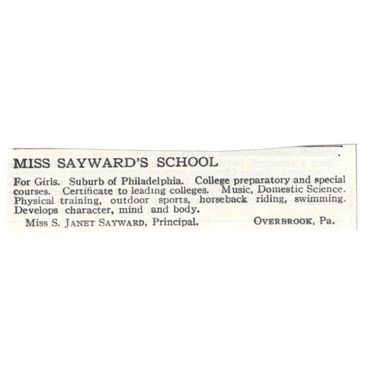 Miss Sayward's School Overbrook PA Miss S Janet Sayward c1920 Harper’s Ad AG4-S1