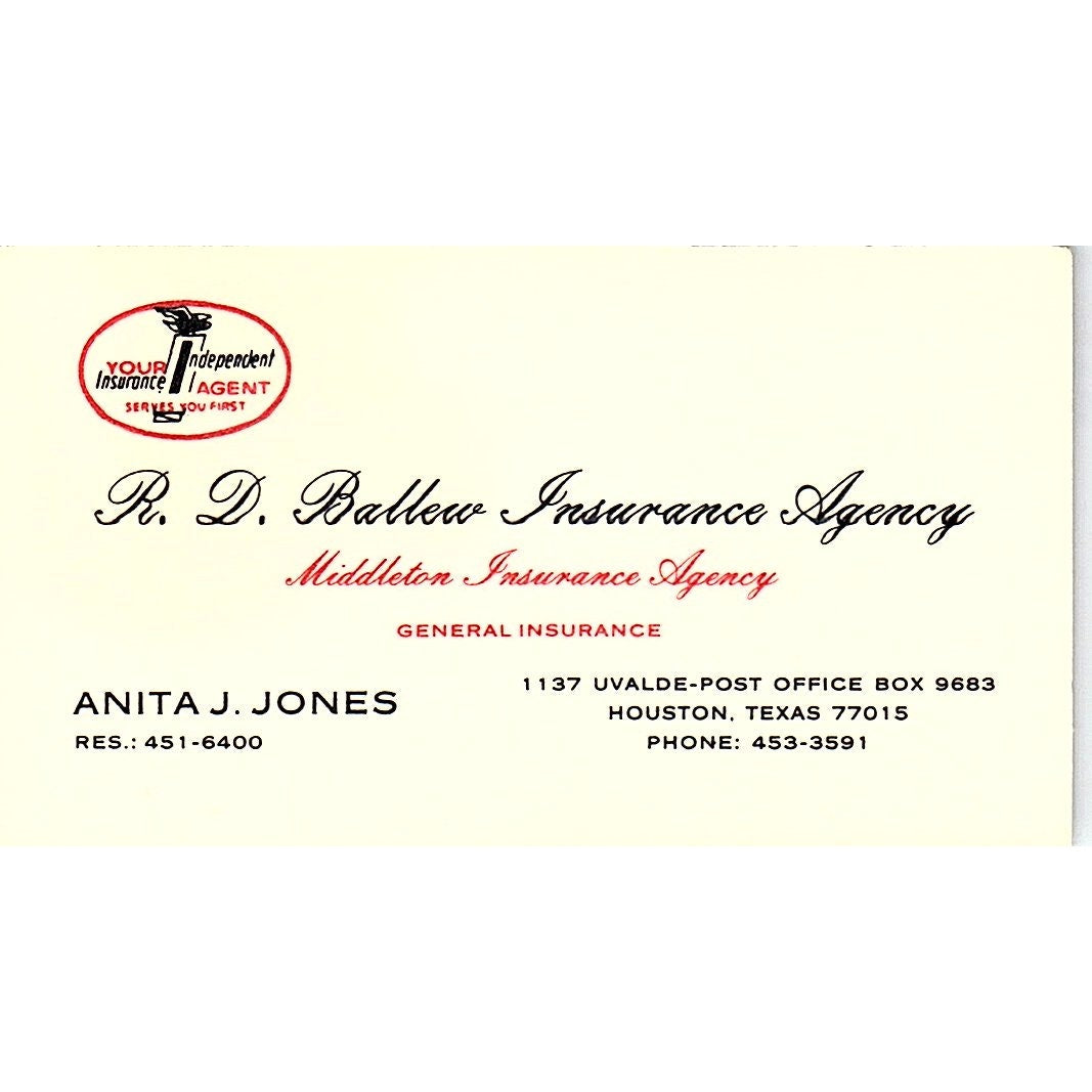 R.D. Ballew Ins Agency Anita J Jones Houston Vintage Business Card SD9-B6