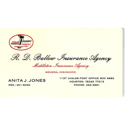 R.D. Ballew Ins Agency Anita J Jones Houston Vintage Business Card SD9-B6