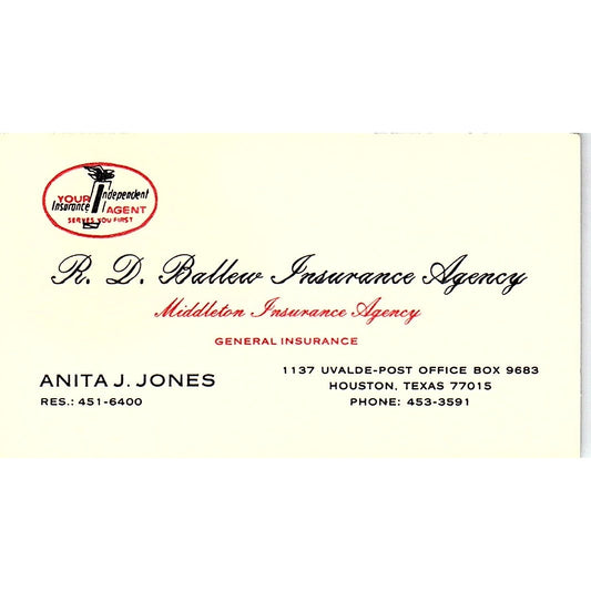 R.D. Ballew Ins Agency Anita J Jones Houston Vintage Business Card SD9-B6