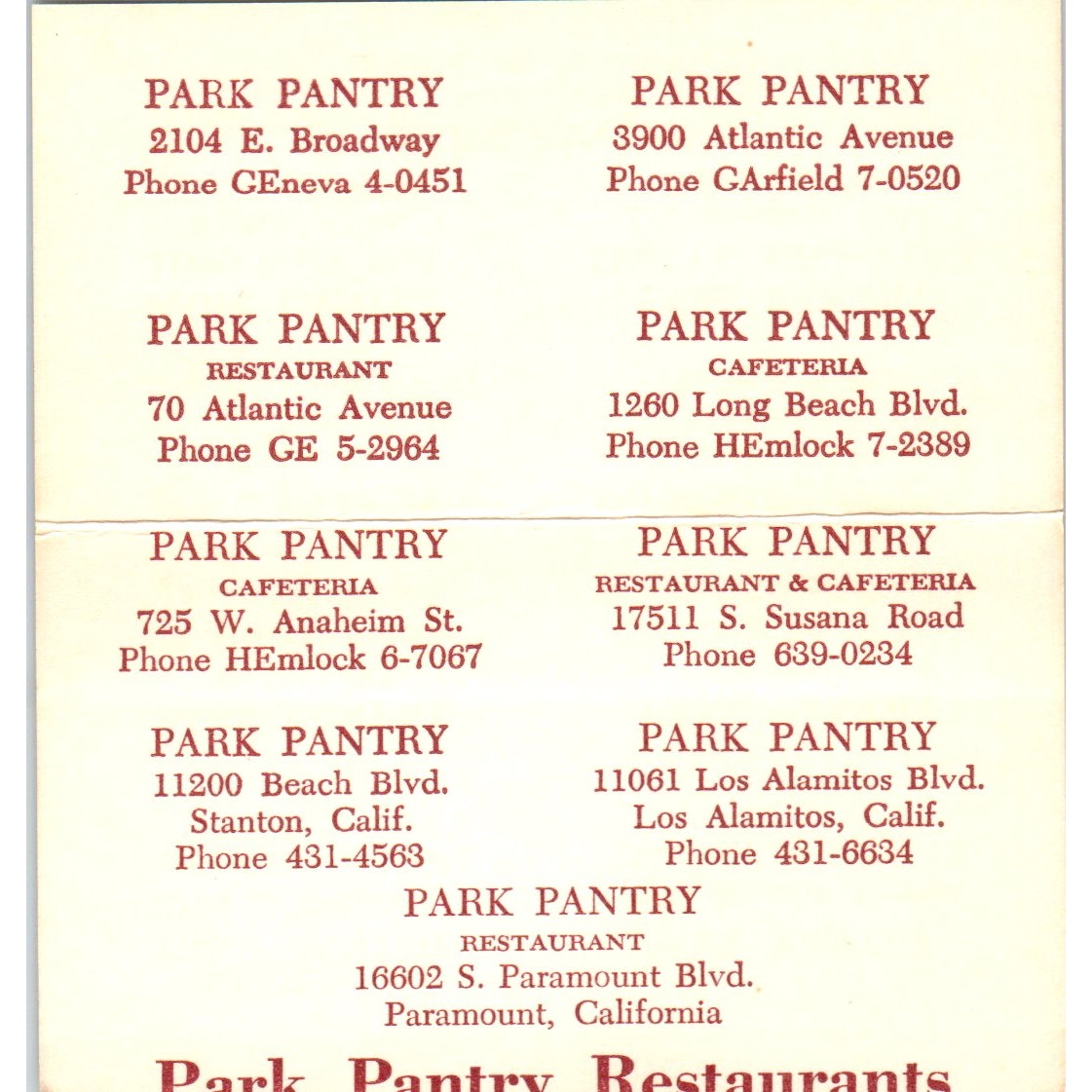 Park Pantry Restaurants Paramount California Vintage Business Card SD8-B8