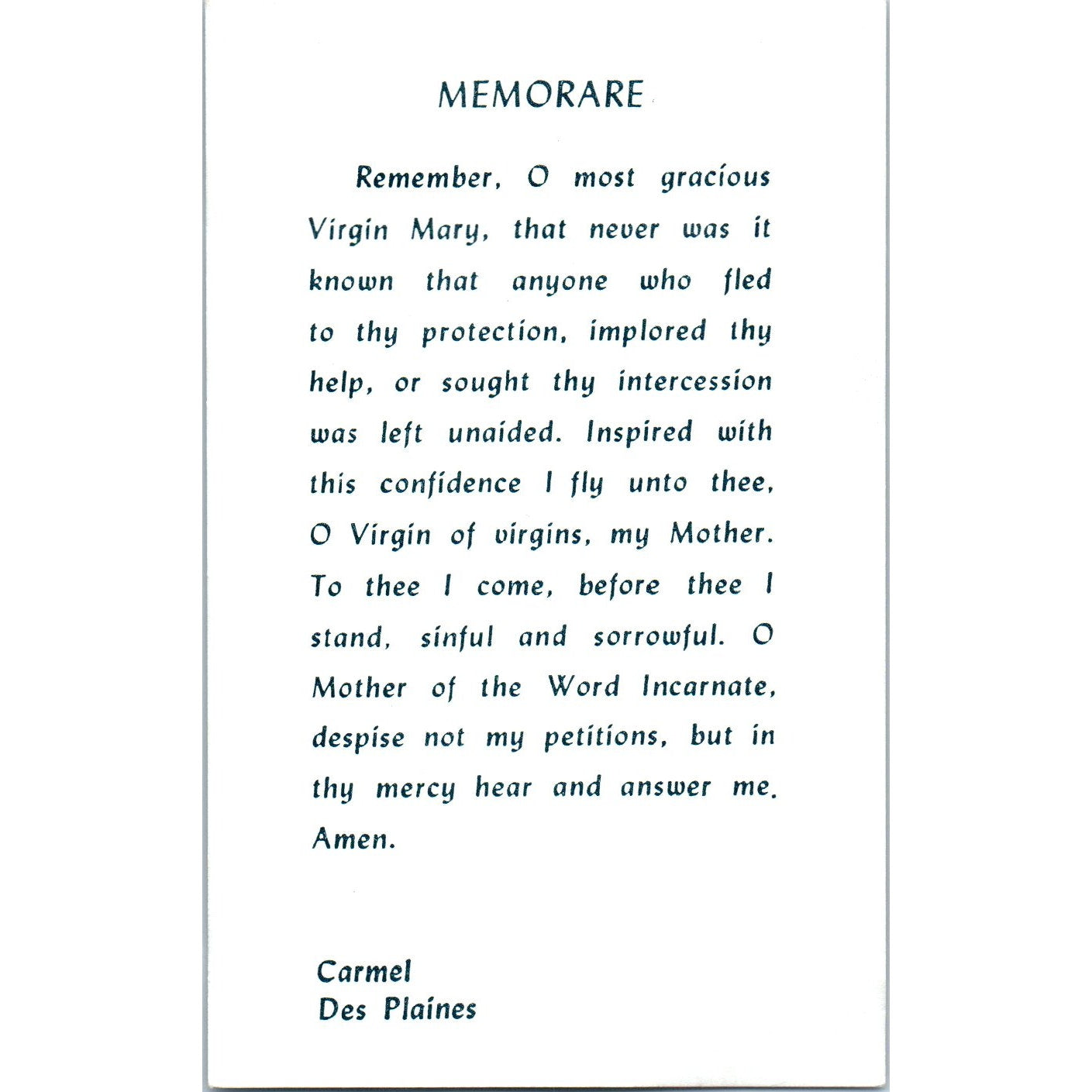 Memorare Carmel Des Plaines Vintage Catholic Prayer Card TH2-PC1