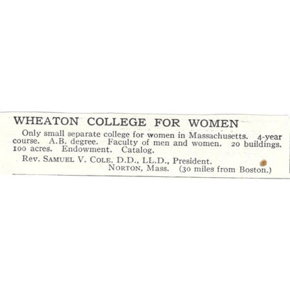 Wheaton College for Women Samuel V. Cole Norton MA c1918 Advertisement AE5-SA6