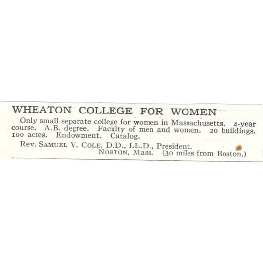 Wheaton College for Women Samuel V. Cole Norton MA c1918 Advertisement AE5-SA6